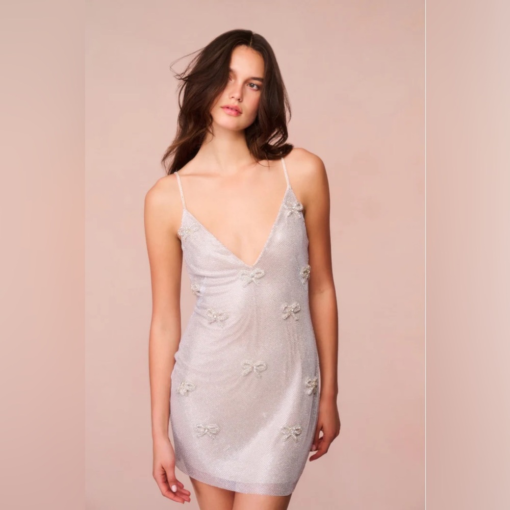NWT LoveShackFancy Whilden Metallic Bow-Embellished Mini Dress